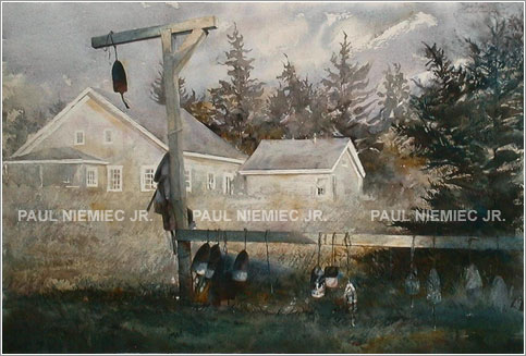 Black Buoys watercolor, art by Paul Niemiec Jr. Running Wind Studio 
