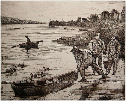Shoving Off, etchings and dry points by Paul Niemiec Jr. Running Wind Studio