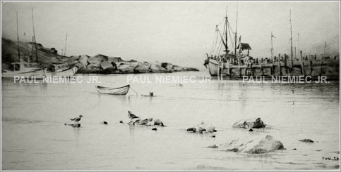 Tideline etchings and dry points by Paul Niemiec Jr. Running Wind Studio